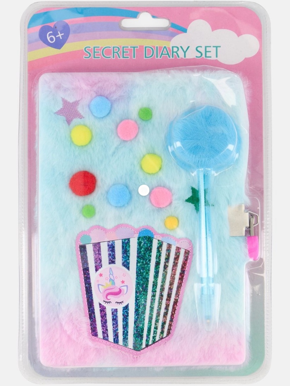 Plush Secret Diary Set with Pom-Pom Pen - Pastel Blue & Pink